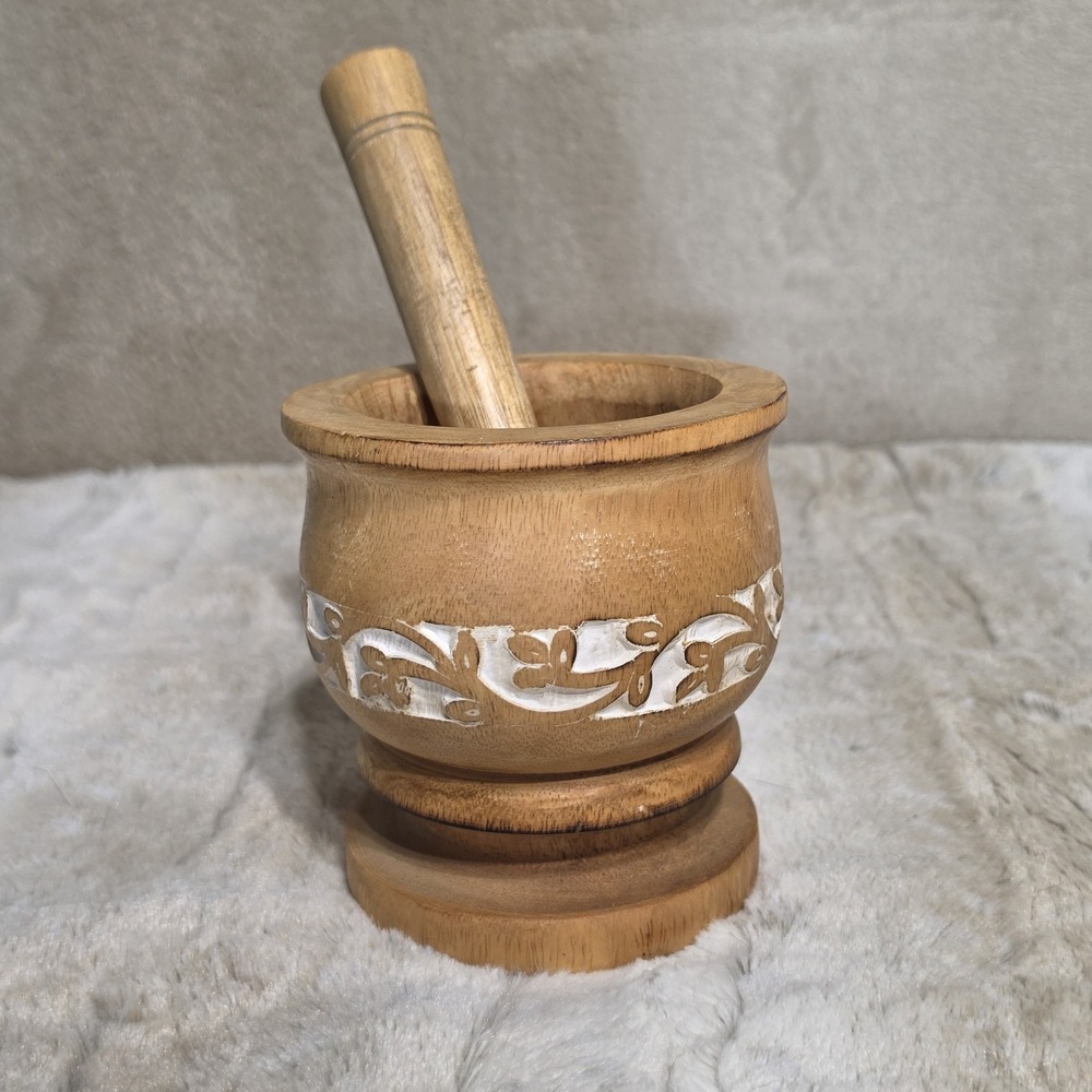 Hand Carved Wooden Mortar and Pestle Boho Floral Leaf Spice Grinder 5"